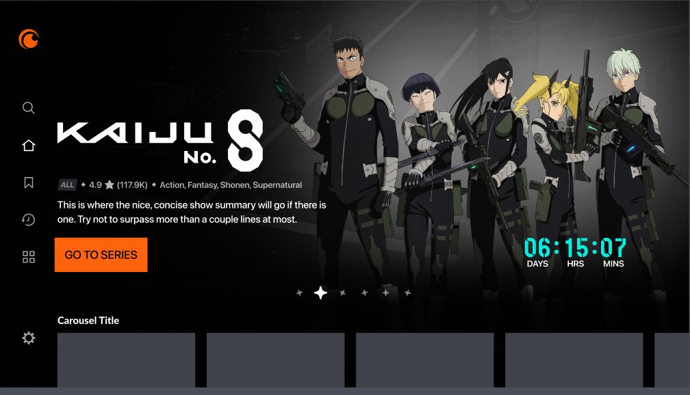 Old Crunchyroll TV showing Kaiju No 8 with placeholder Carousel Title and account-creation prompt