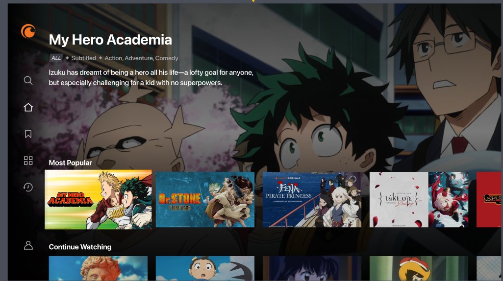 Old Crunchyroll TV with My Hero Academia, Most Popular and Continue Watching rails treated identically