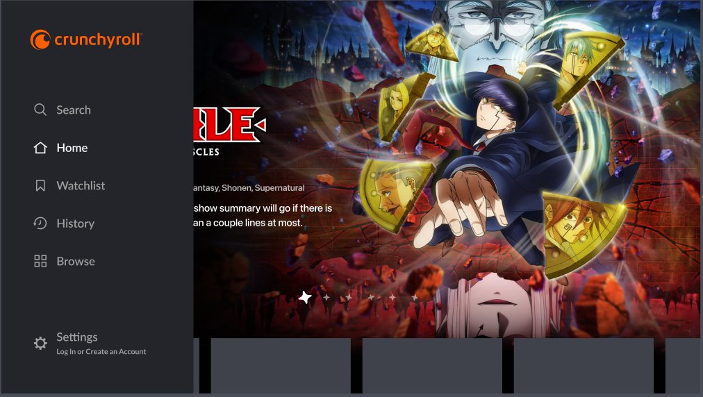 Old Crunchyroll left navigation with Search Home Watchlist History Browse Settings and login prompt