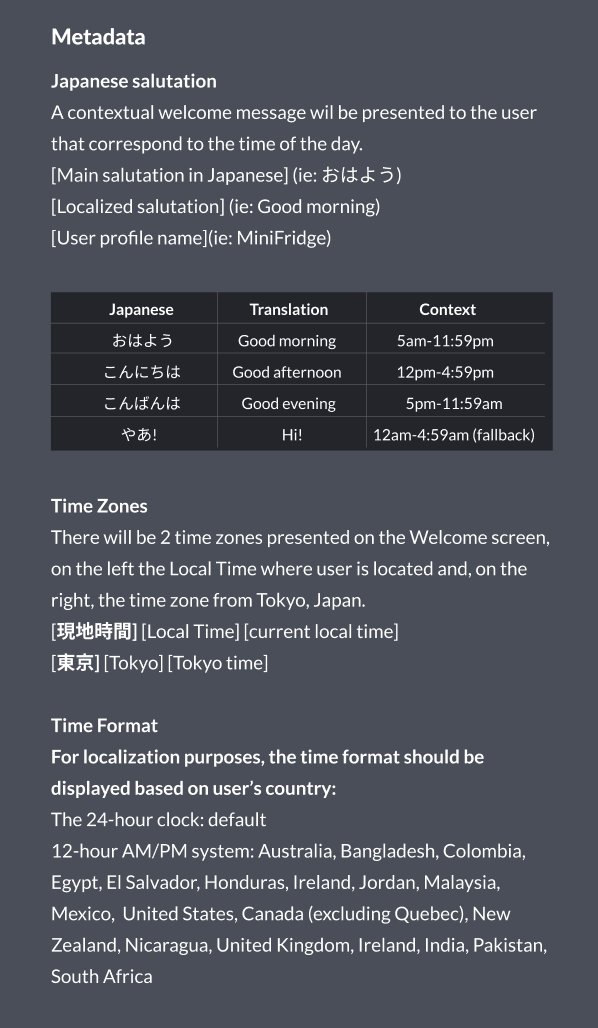 Welcome screen metadata showing Japanese salutation system and dual time zones