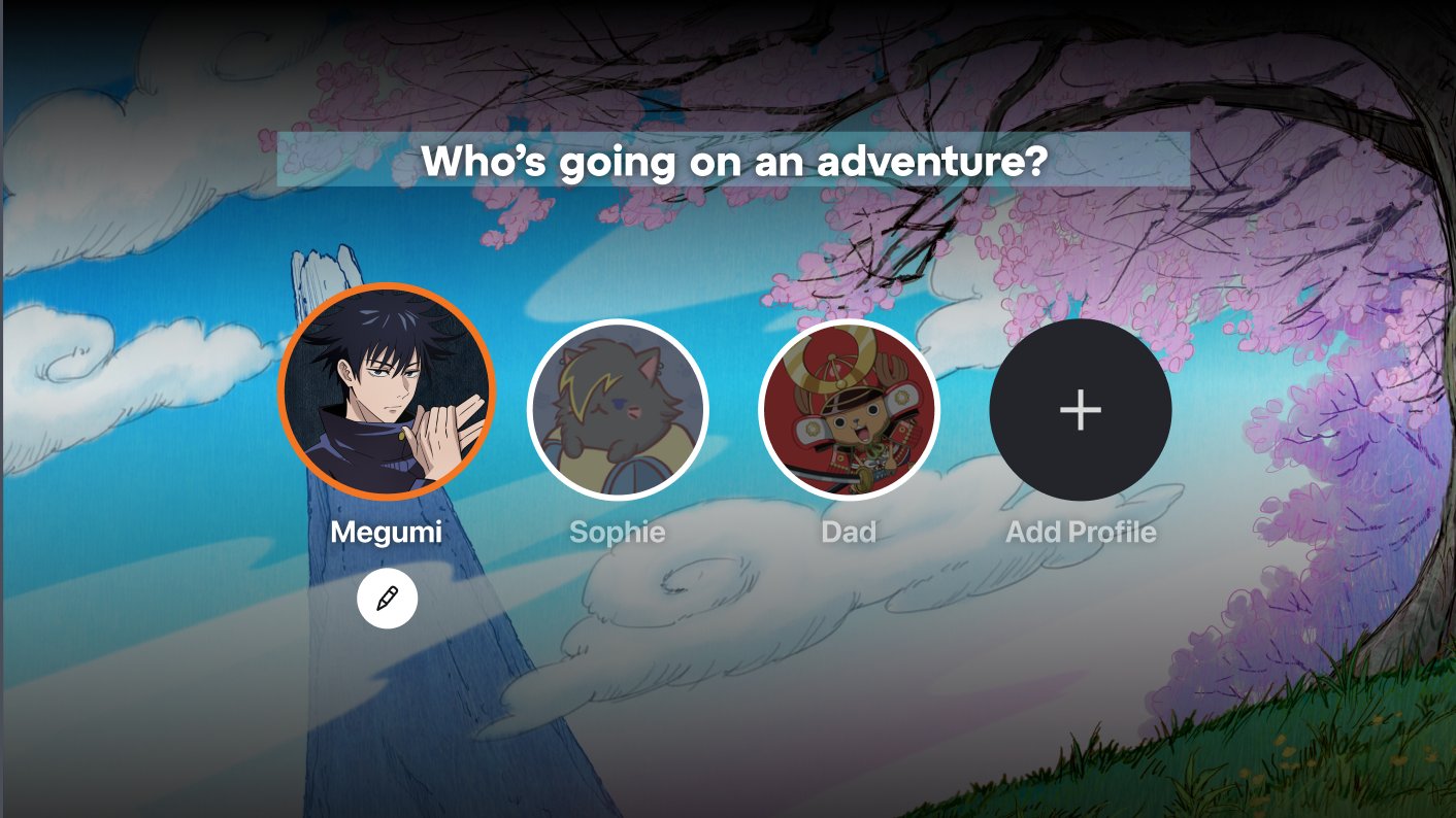 Crunchyroll TV profile picker with Megumi Sophie Dad avatars and Who's going on an adventure header