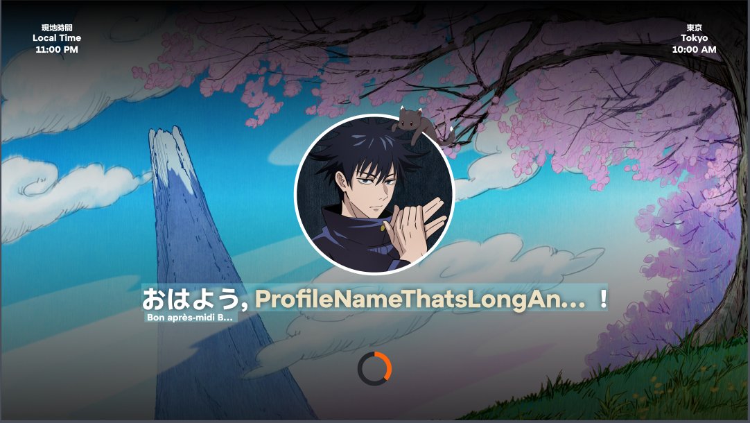 Crunchyroll TV welcome screen with dual time zones Local 11 PM Tokyo 10 AM Megumi avatar and Japanese greeting Ohayou plus profile name