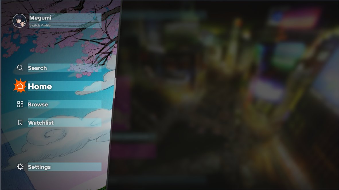 New Crunchyroll TV side navigation with Megumi profile avatar at top Search Home with sun-burst Browse Watchlist Settings against cherry blossom artwork