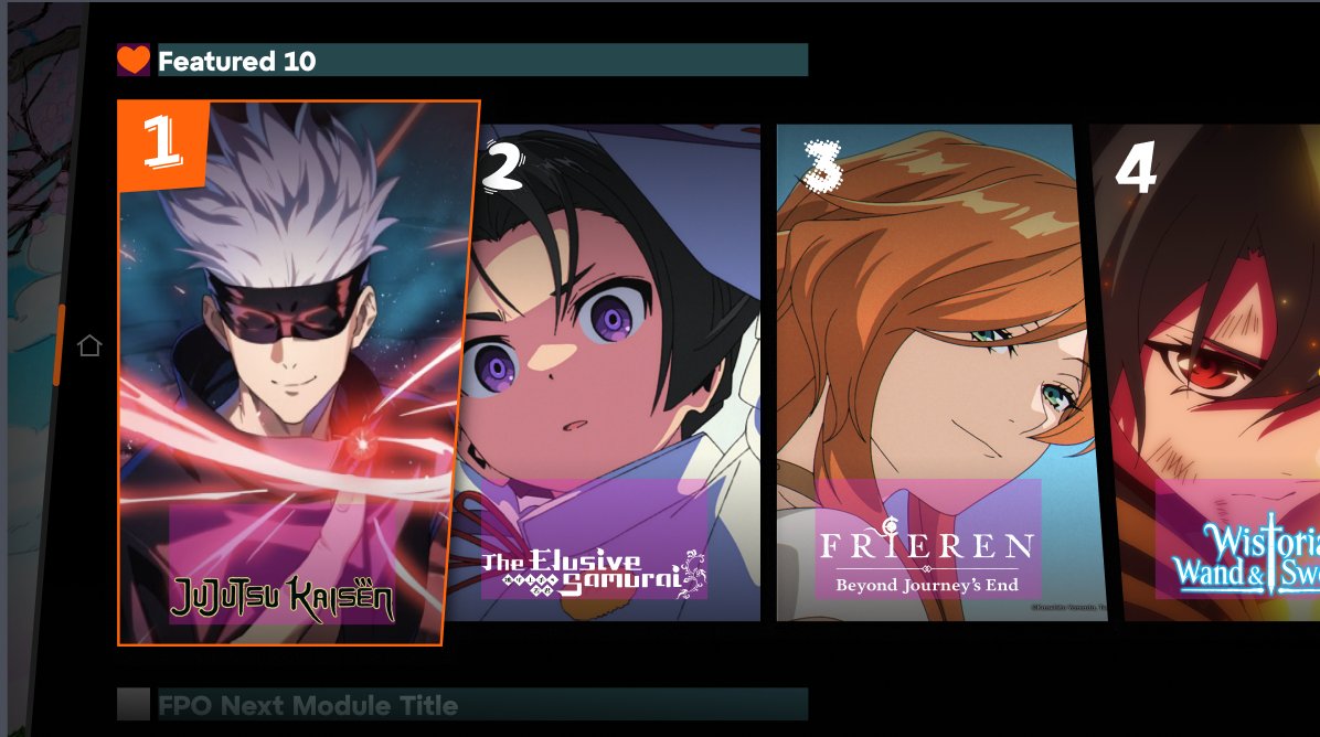 Featured 10 module showing JJK at 1 The Elusive Samurai at 2 Frieren at 3 Wistoria at 4 with vertical poster art