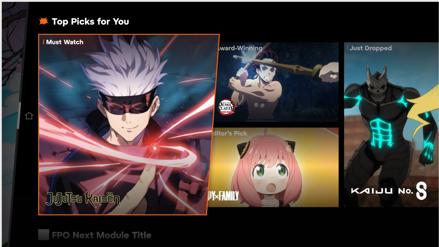 Top Picks with one large Must Watch tile featuring JJK plus three smaller tiles for Demon Slayer Spy Family Kaiju No 8