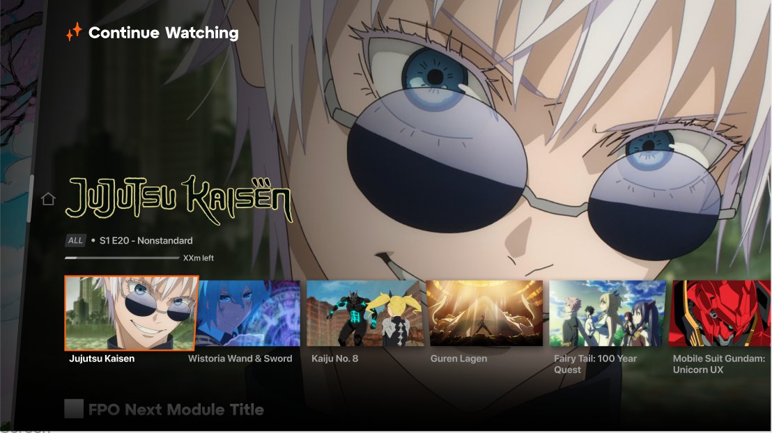 Continue Watching with JJK Gojo eyes full-bleed hero S1 E20 Nonstandard episode pointer progress bar XXm left