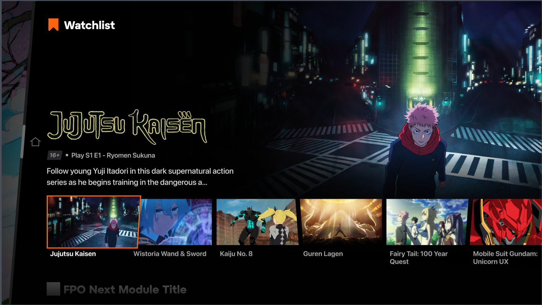 Watchlist with JJK hero 16+ rating Play S1 E1 Ryomen Sukuna CTA truncated synopsis