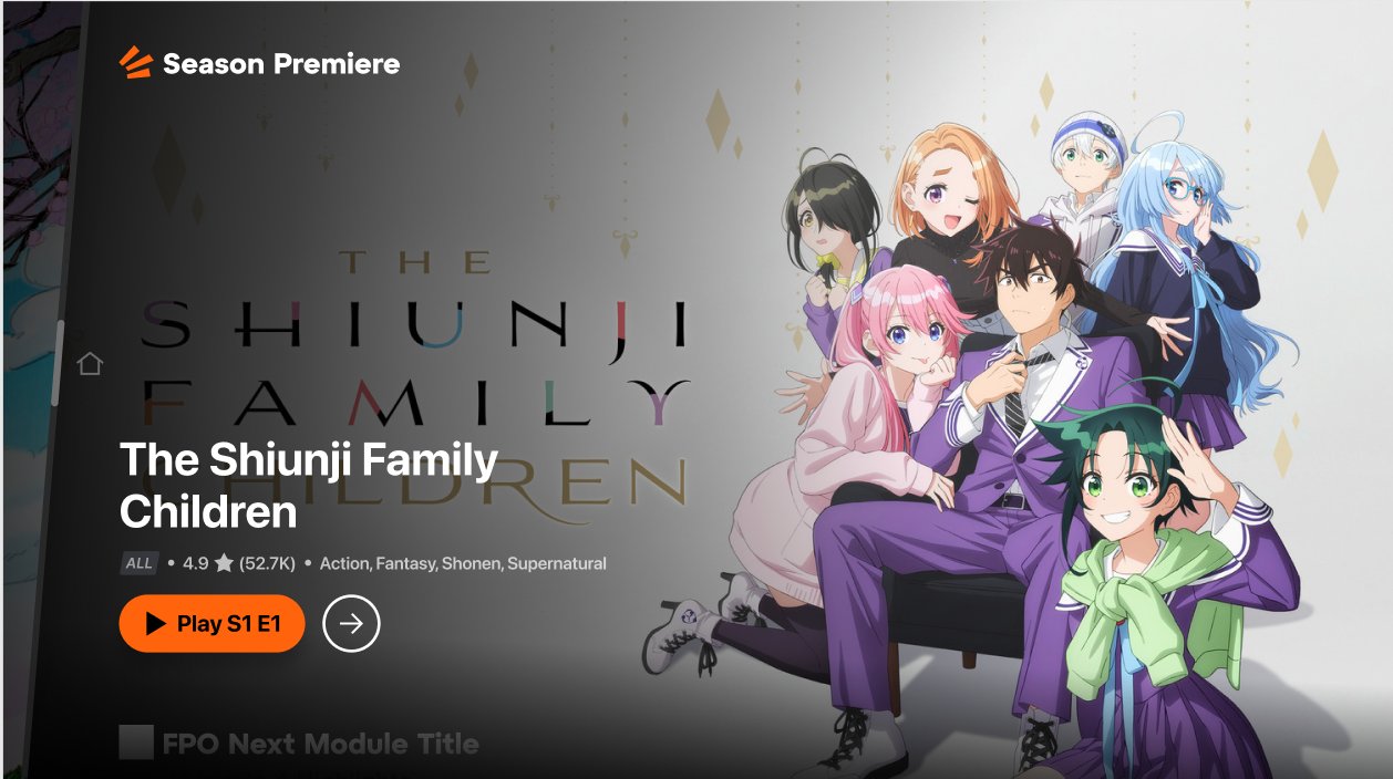 Season Premiere card for The Shiunji Family Children cream background illustrated title Play S1 E1 orange CTA