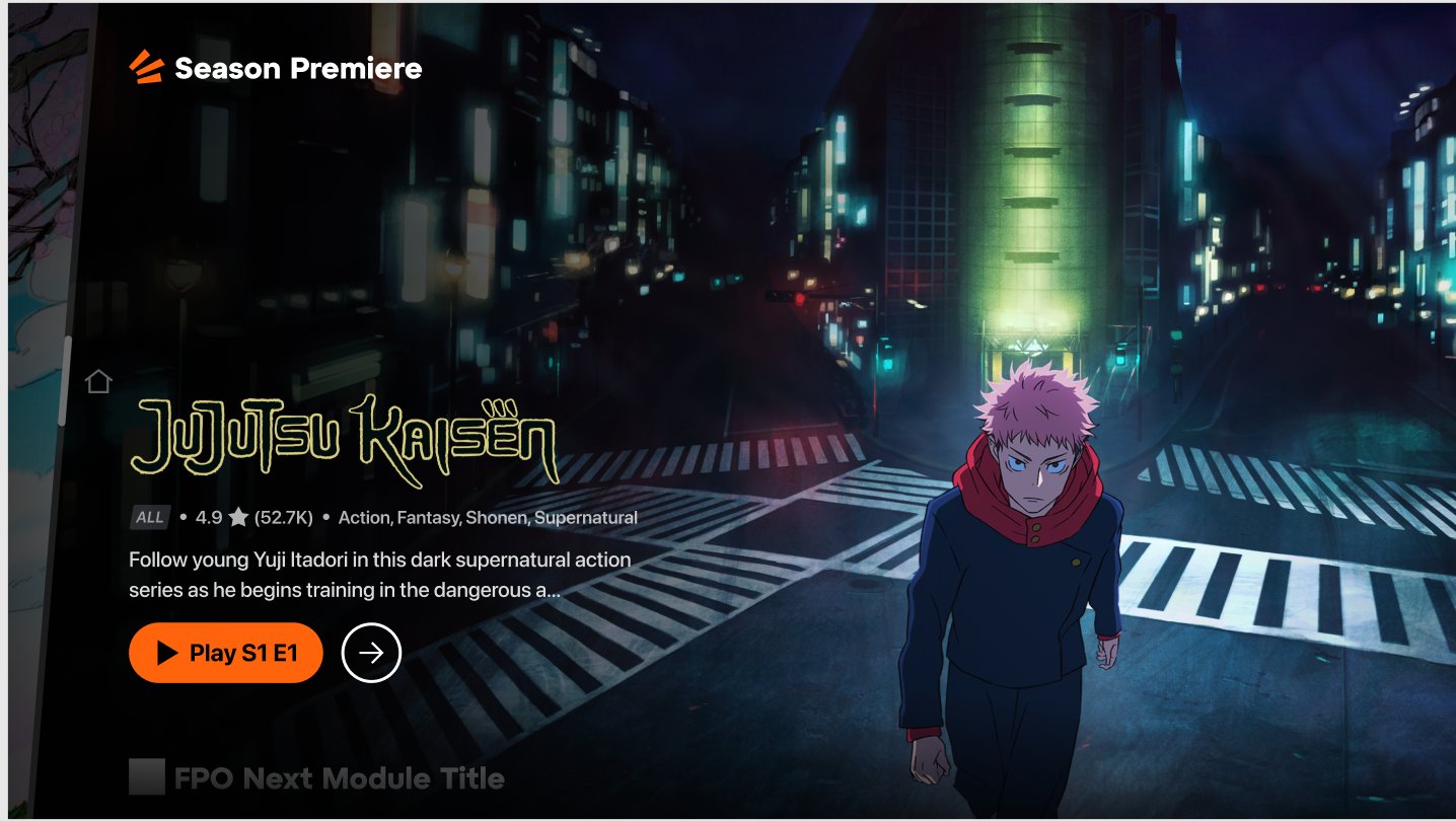 Season Premiere card for Jujutsu Kaisen showing Yuji in urban Shibuya night neon title Play S1 E1 orange CTA