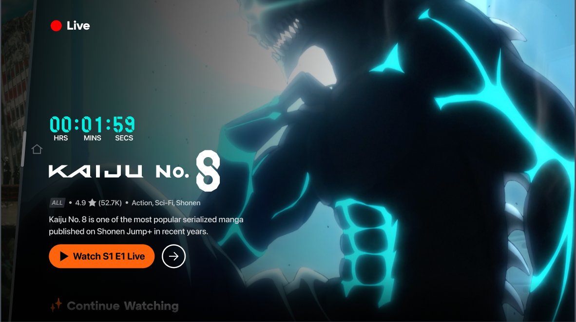 Live broadcasting state for Kaiju No 8 with red dot Live indicator countdown 00:01:59 cyan Watch S1 E1 Live CTA
