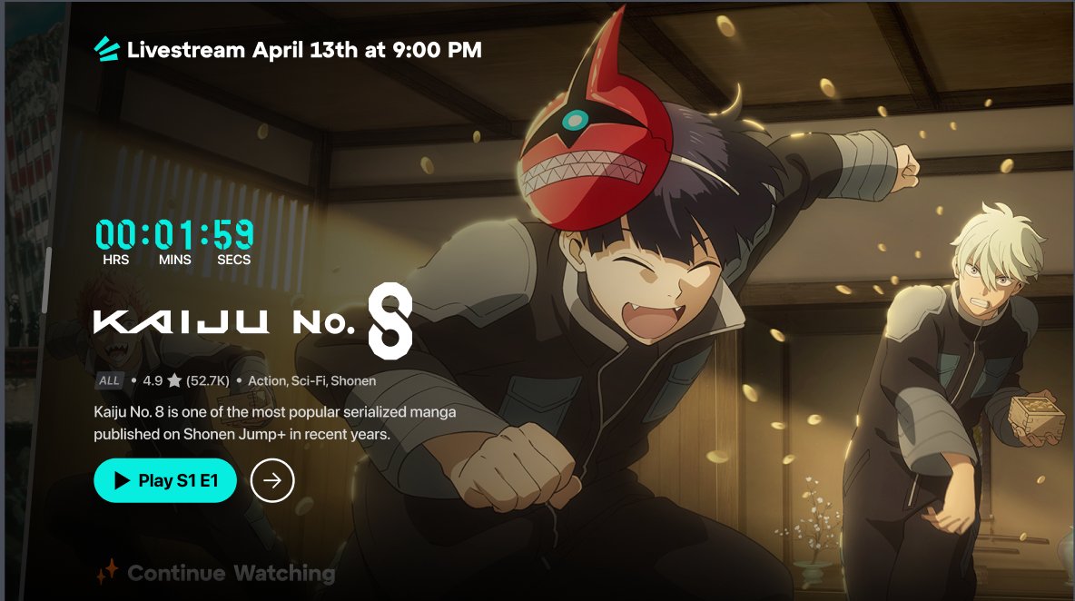 Livestream pre-event state showing Livestream April 13th at 9 00 PM countdown 00:01:59 cyan Play S1 E1 CTA