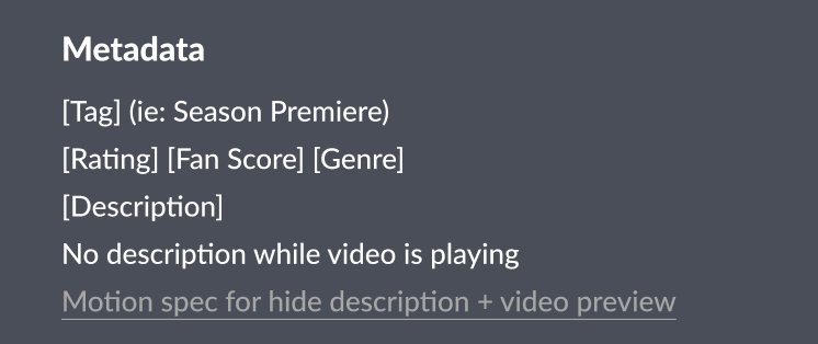 Module metadata specification with required fields Tag Rating Fan Score Genre Description and rule No description while video is playing