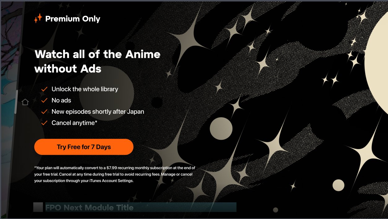Premium Only conversion screen with manga-illustrated cosmos background four bullet copy Try Free for 7 Days CTA
