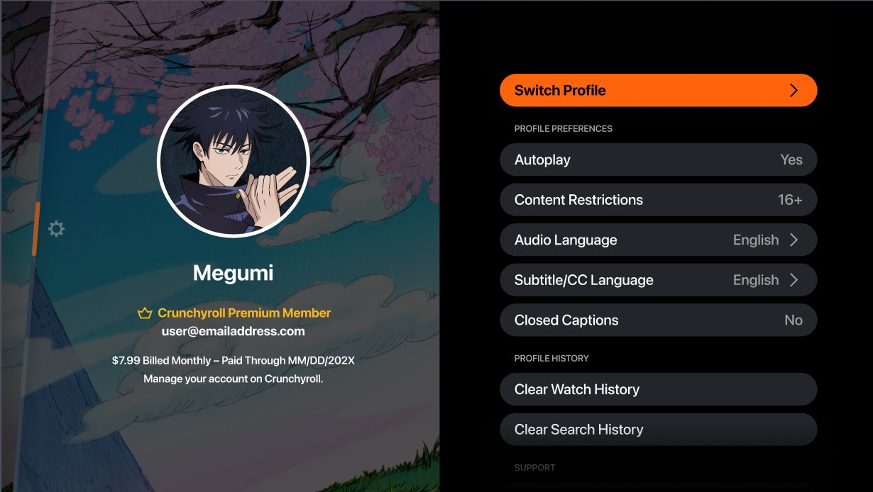 Profile screen for Megumi with illustrated avatar from JJK Switch Profile orange CTA Profile Preferences with Audio Language and Subtitle CC Language promoted to top level