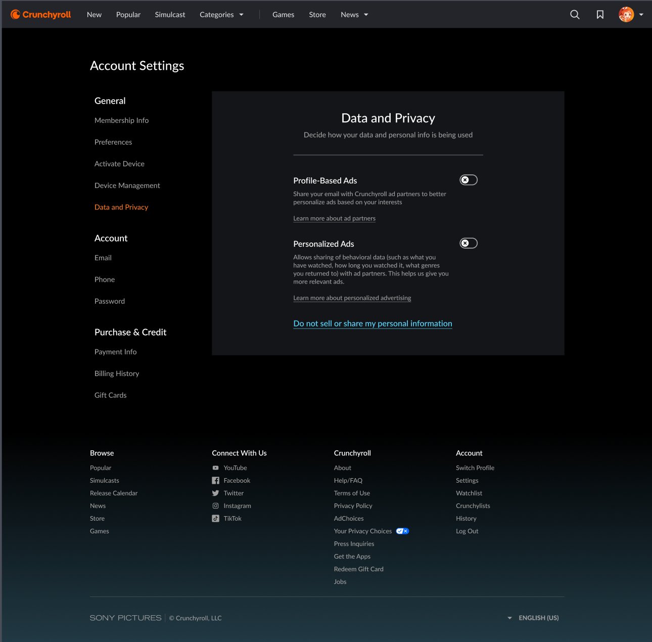 Crunchyroll Data and Privacy settings screen showing Profile-Based Ads and Personalized Ads toggles