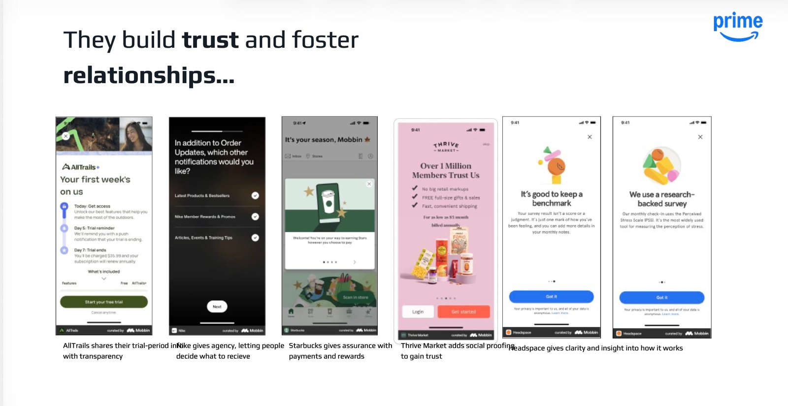 App screens from AllTrails, Nike, Starbucks, Thrive Market, Headspace showing trust patterns.
