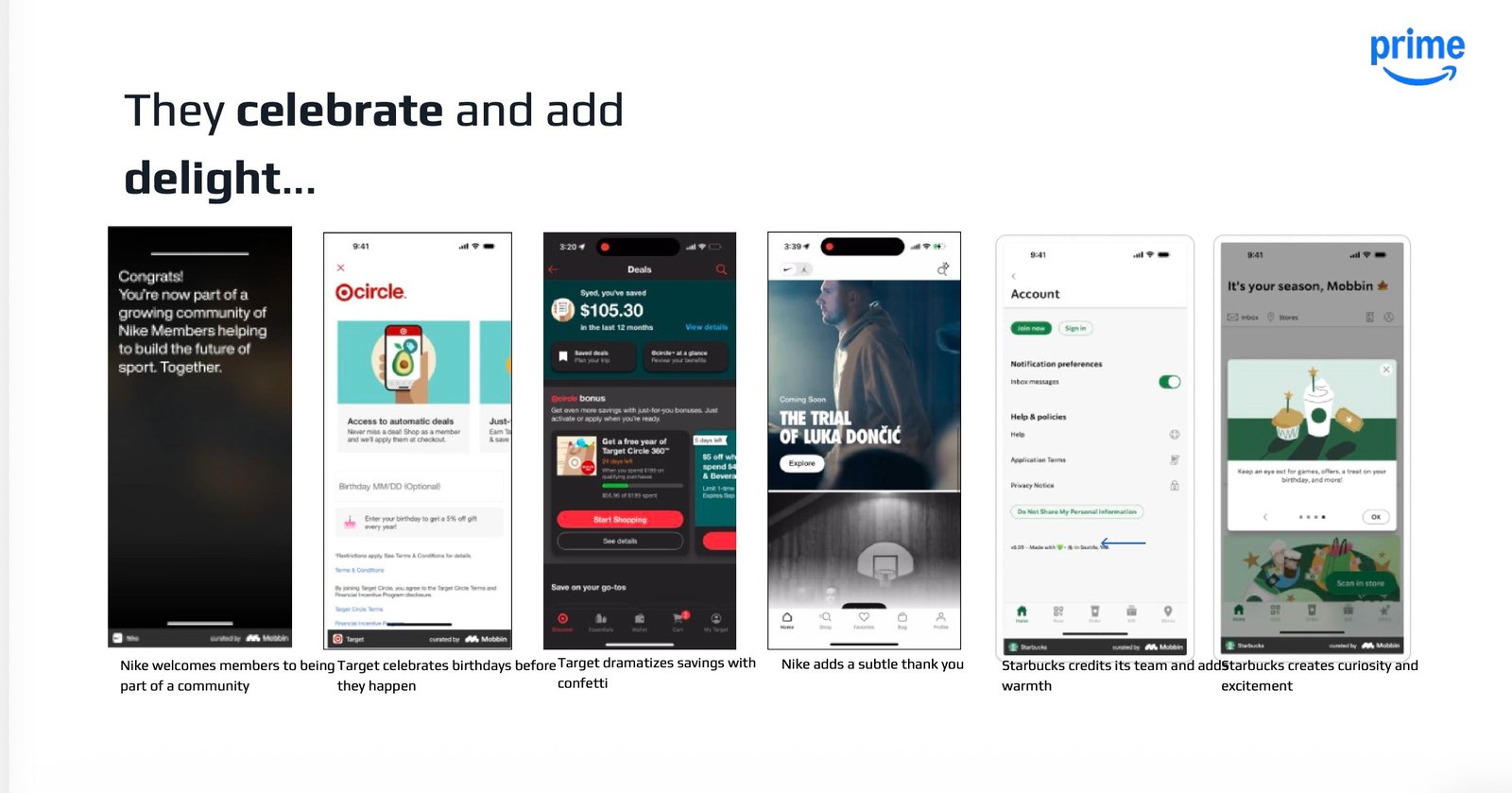 App screens from Nike, Target, Starbucks showing celebration patterns.
