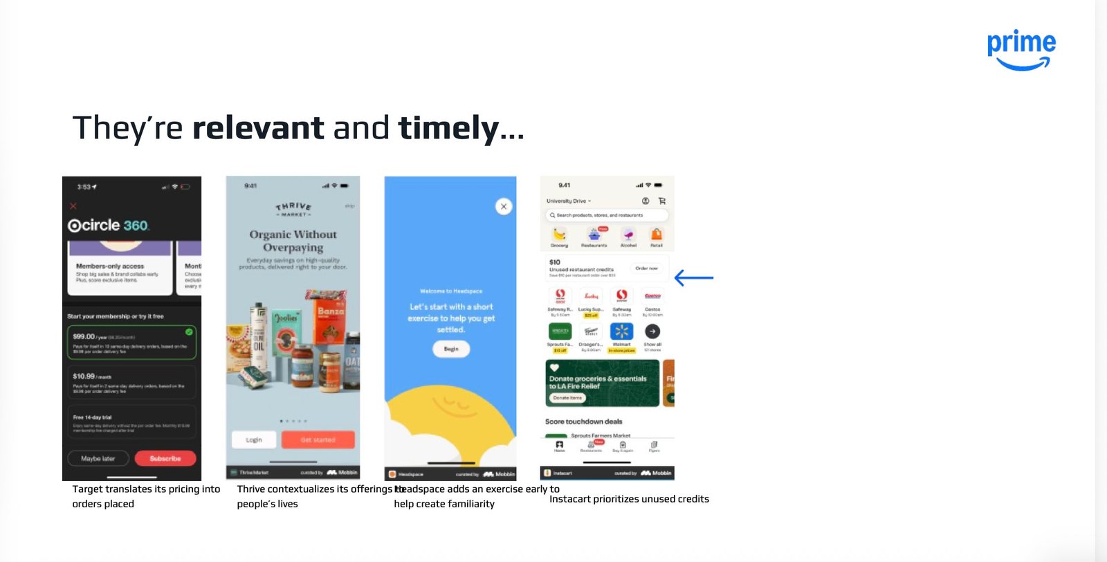 App screens from Target Circle 360, Thrive, Headspace, Instacart showing relevance patterns.