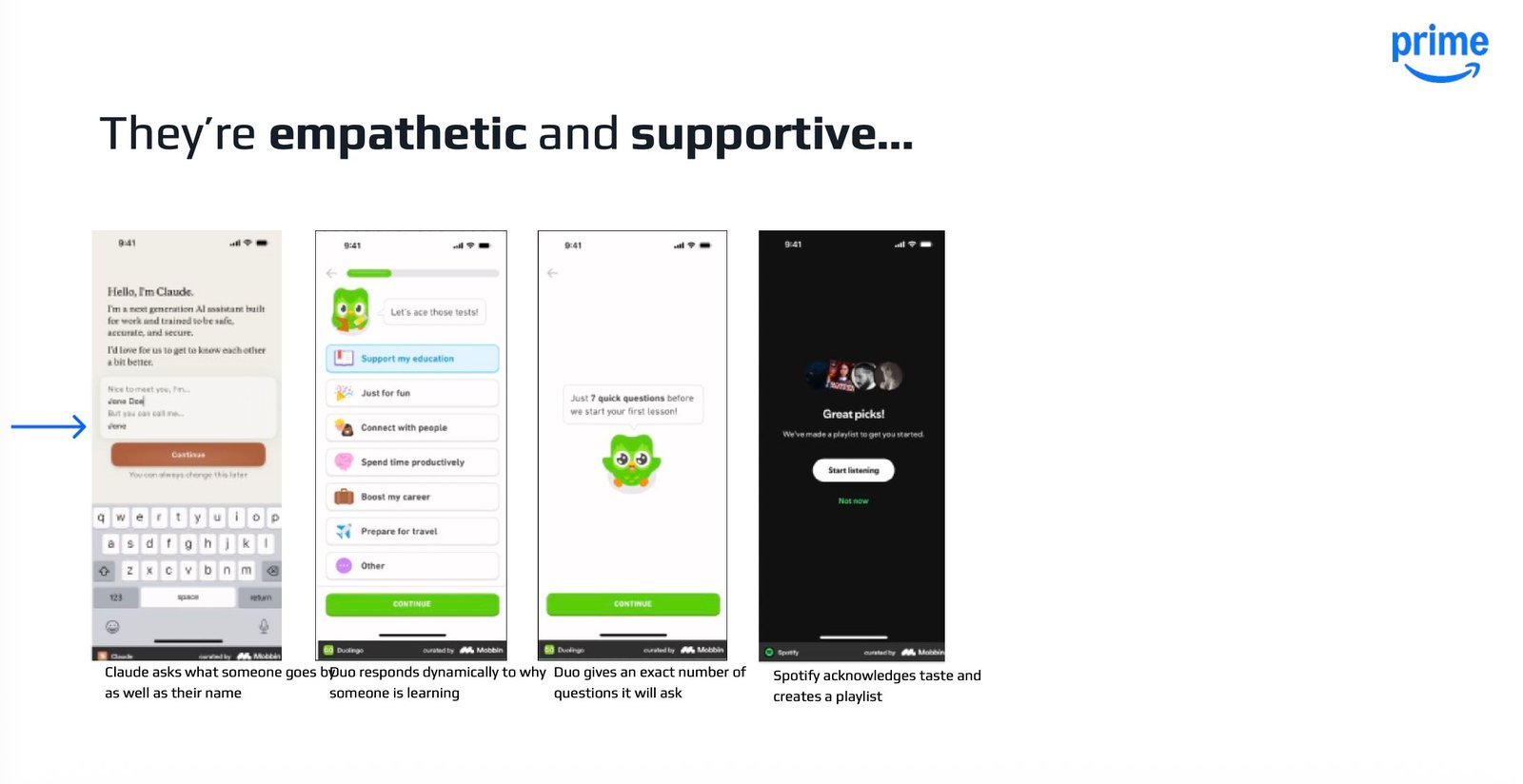 App screens from Duolingo, Spotify, Claude showing empathy patterns.
