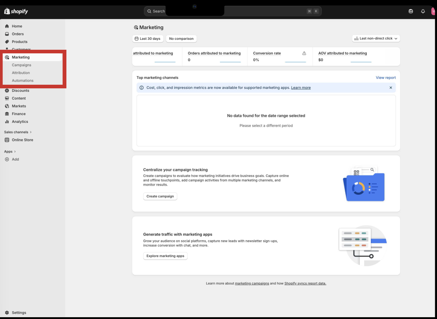 Redesigned sidebar with Attribution elevated to Marketing