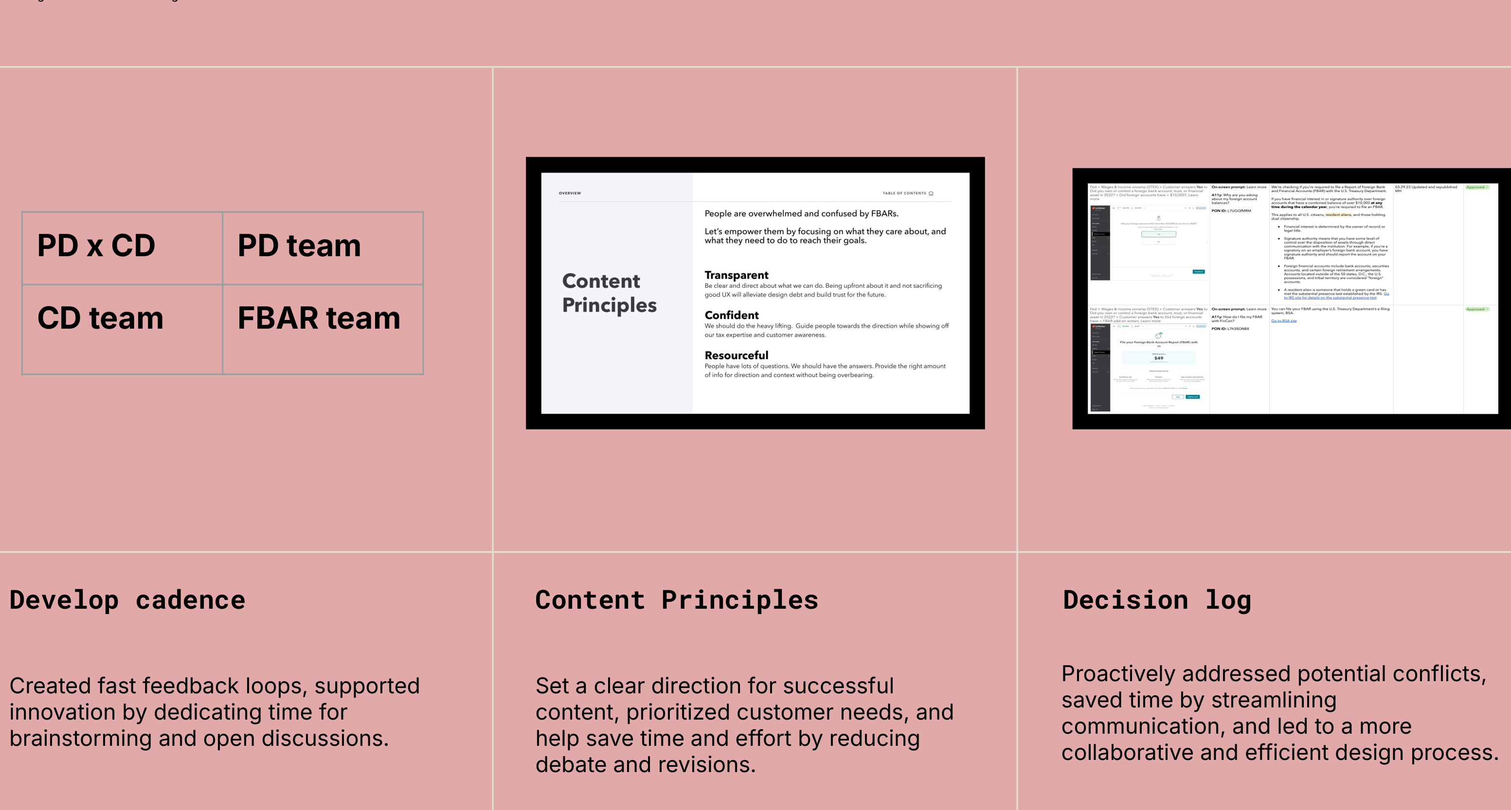 Logistics and planning slide showing cadence, content principles, and decision log