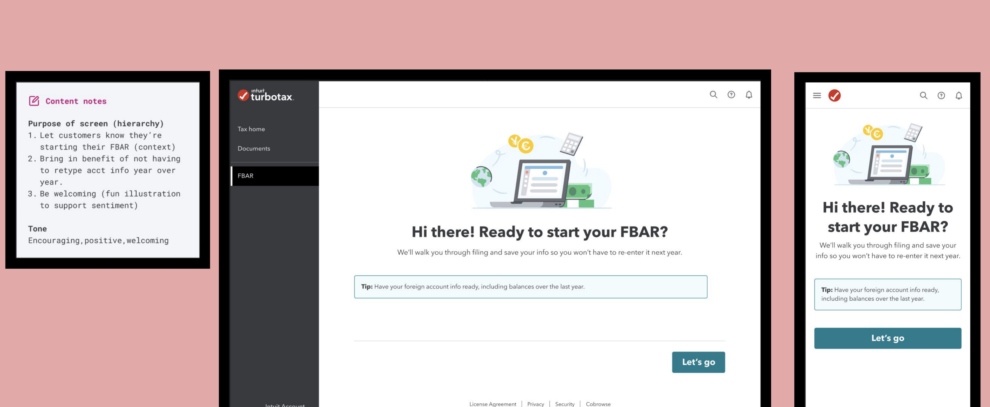FBAR welcome screen with content notes annotations