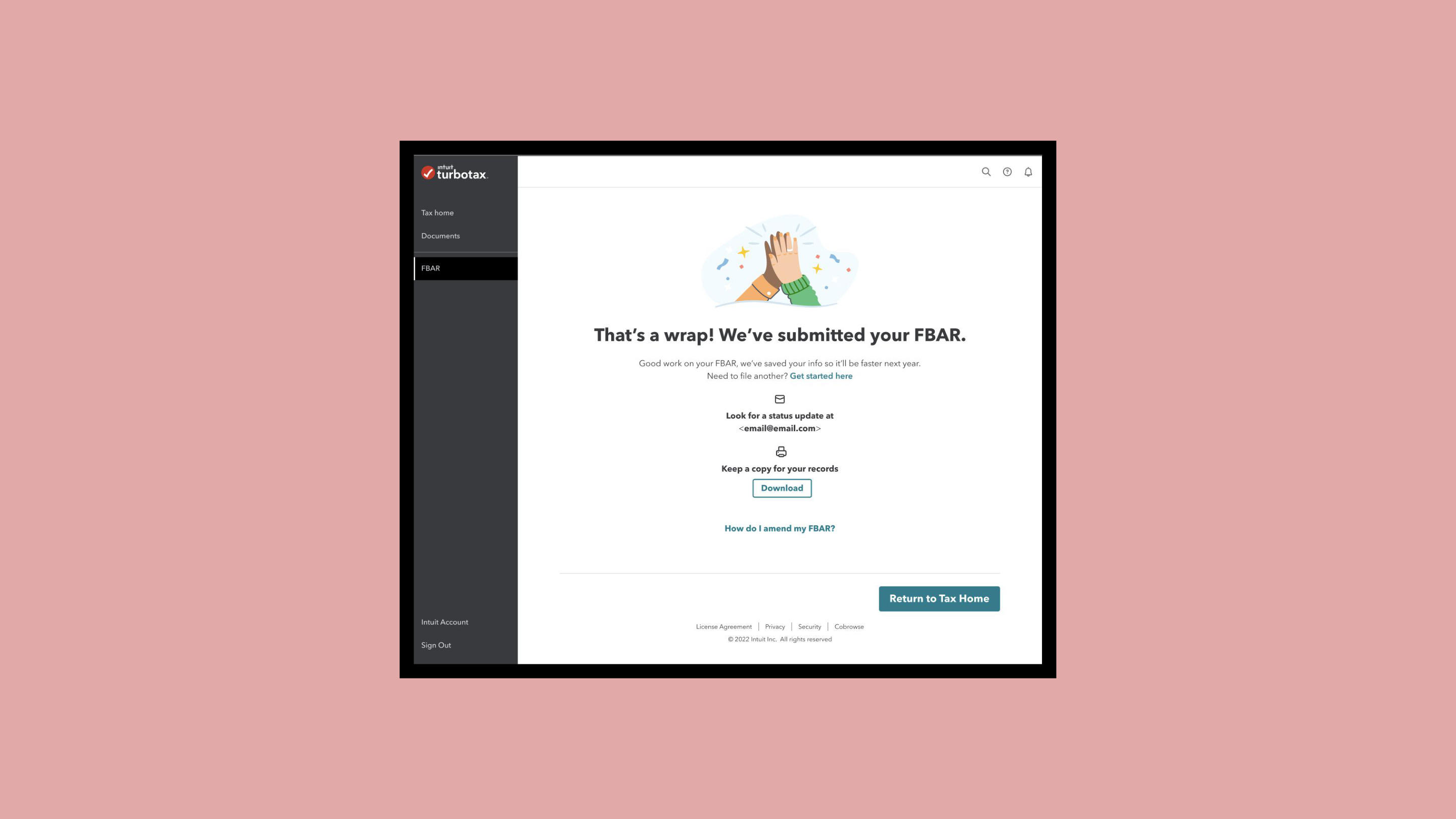 That's a wrap! We've submitted your FBAR success screen