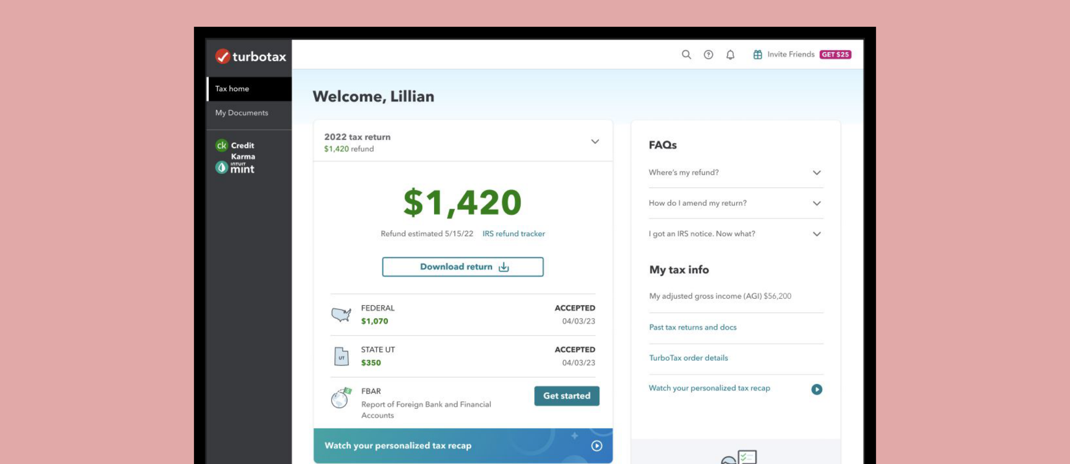 Welcome Lillian dashboard with the 2022 tax return refund summary, federal and state acceptances, and an FBAR row with a Get started CTA